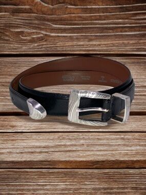 VTG Onyx by Brighton Leather Belt Black Wavy Texture Silver Buckle USA Sz 42